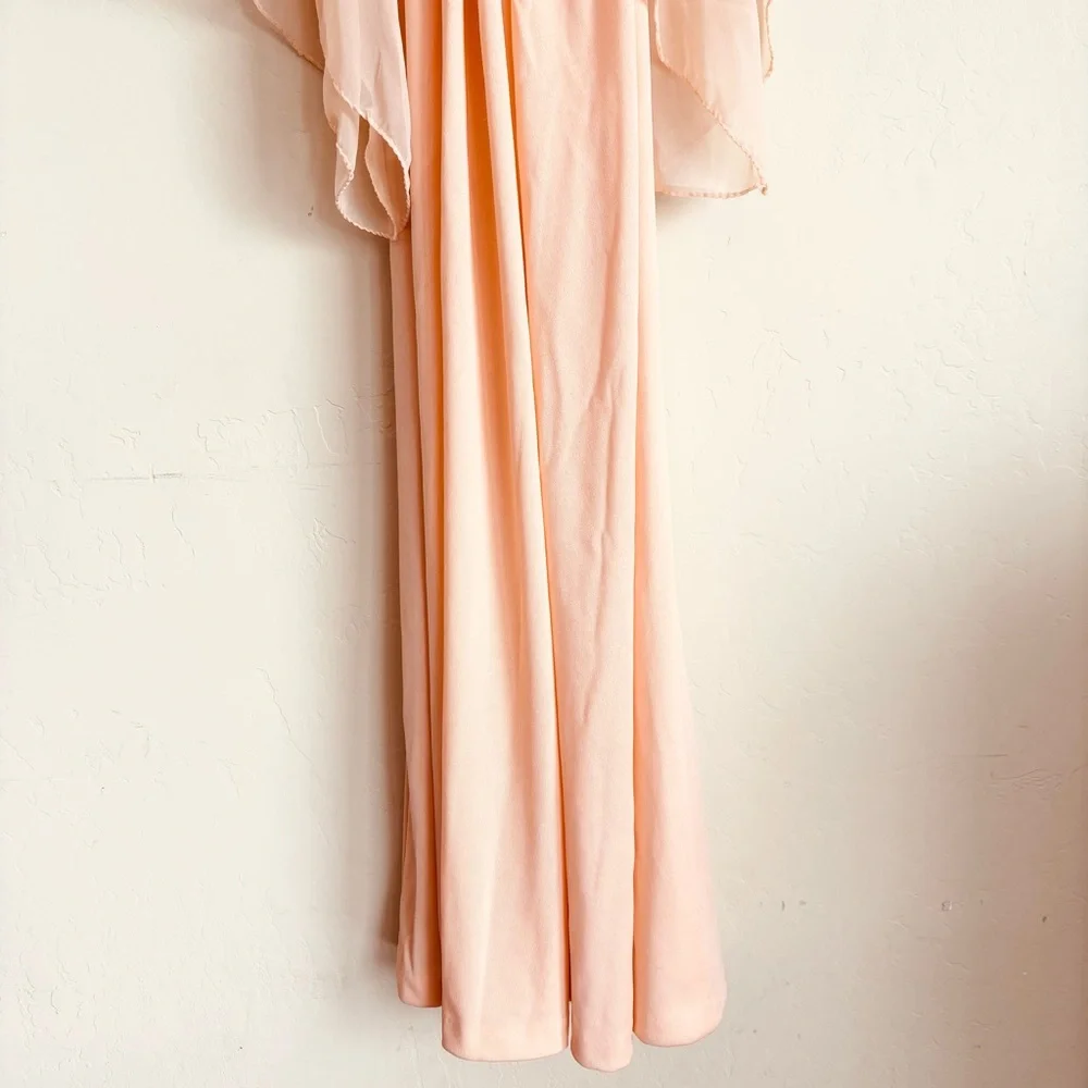 Vintage 1970s Peach Angel Wing Sleeve Deep V-neckline Empire Waist Maxi Dress - Picture 4 of 15